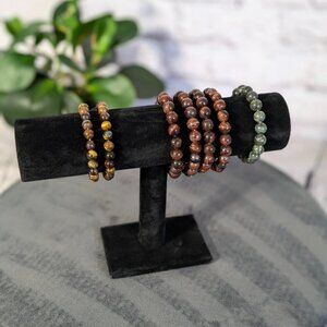 beaded stretch bracelets red, tigers eye, jade beautiful rich colors
